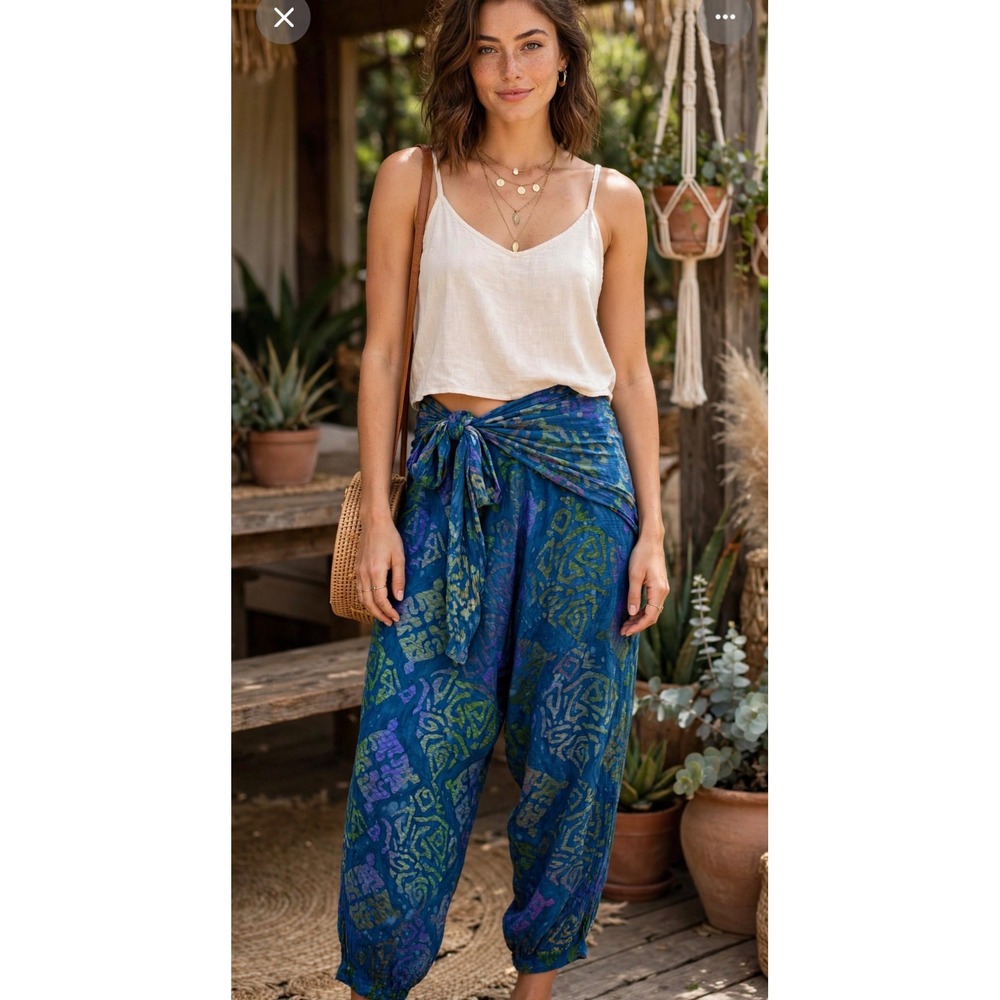 Sun Agung Batik Harem Pants Blue Green Rayon Wrap Tie Waist Boho One Size